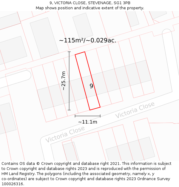 9, VICTORIA CLOSE, STEVENAGE, SG1 3PB: Plot and title map