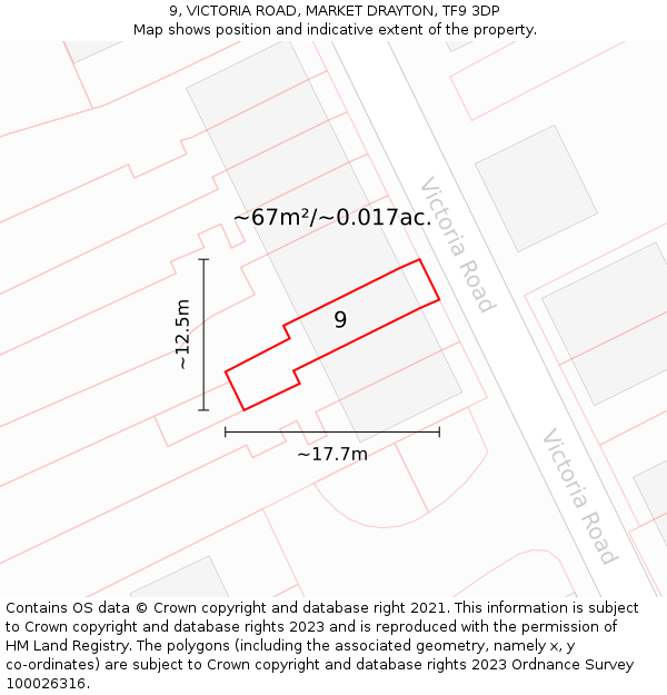 9, VICTORIA ROAD, MARKET DRAYTON, TF9 3DP: Plot and title map