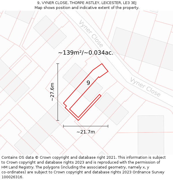 9, VYNER CLOSE, THORPE ASTLEY, LEICESTER, LE3 3EJ: Plot and title map