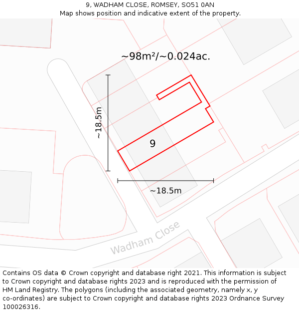 9, WADHAM CLOSE, ROMSEY, SO51 0AN: Plot and title map