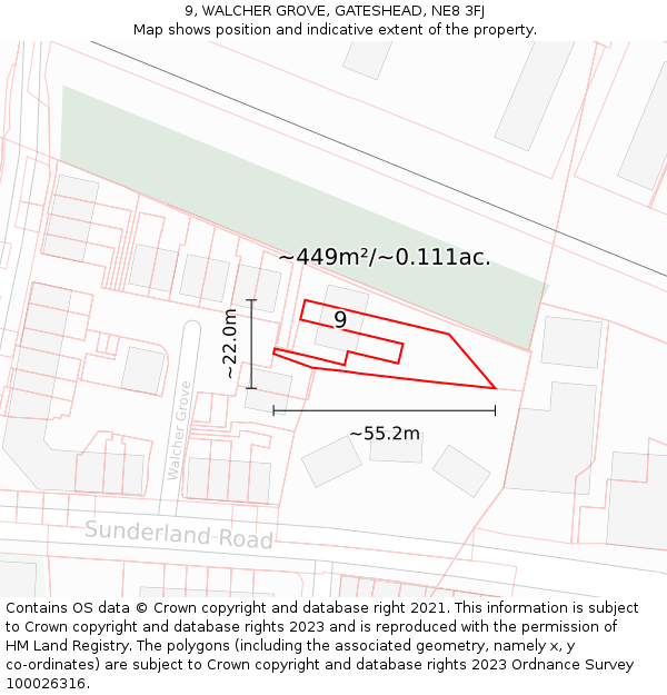 9, WALCHER GROVE, GATESHEAD, NE8 3FJ: Plot and title map