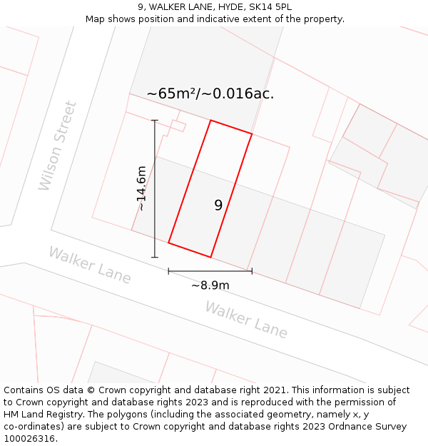9, WALKER LANE, HYDE, SK14 5PL: Plot and title map