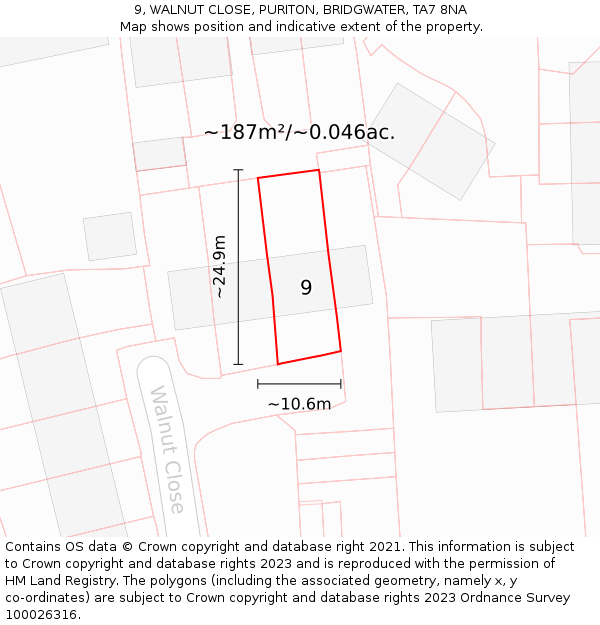 9, WALNUT CLOSE, PURITON, BRIDGWATER, TA7 8NA: Plot and title map