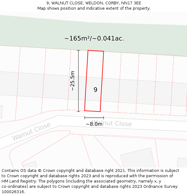 9, WALNUT CLOSE, WELDON, CORBY, NN17 3EE: Plot and title map