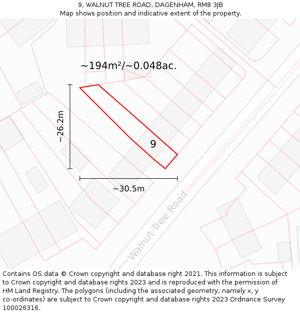 9, WALNUT TREE ROAD, DAGENHAM, RM8 3JB: Plot and title map