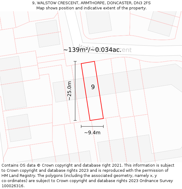 9, WALSTOW CRESCENT, ARMTHORPE, DONCASTER, DN3 2FS: Plot and title map