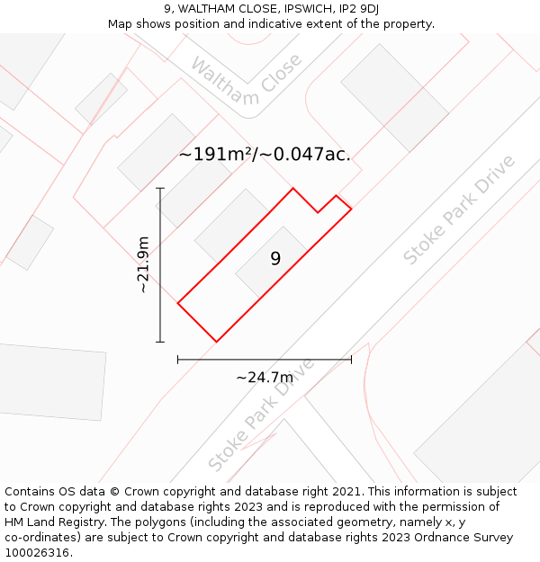 9, WALTHAM CLOSE, IPSWICH, IP2 9DJ: Plot and title map