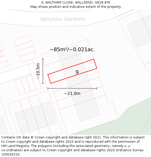 9, WALTHAM CLOSE, WALLSEND, NE28 8TA: Plot and title map