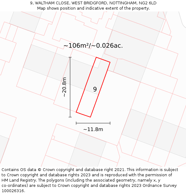 9, WALTHAM CLOSE, WEST BRIDGFORD, NOTTINGHAM, NG2 6LD: Plot and title map