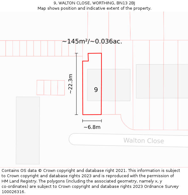 9, WALTON CLOSE, WORTHING, BN13 2BJ: Plot and title map