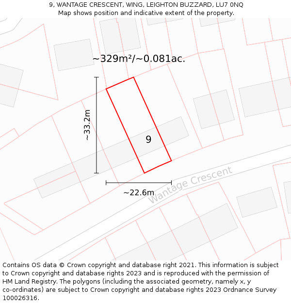 9, WANTAGE CRESCENT, WING, LEIGHTON BUZZARD, LU7 0NQ: Plot and title map