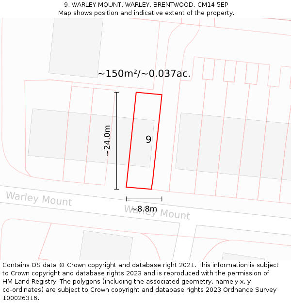 9, WARLEY MOUNT, WARLEY, BRENTWOOD, CM14 5EP: Plot and title map