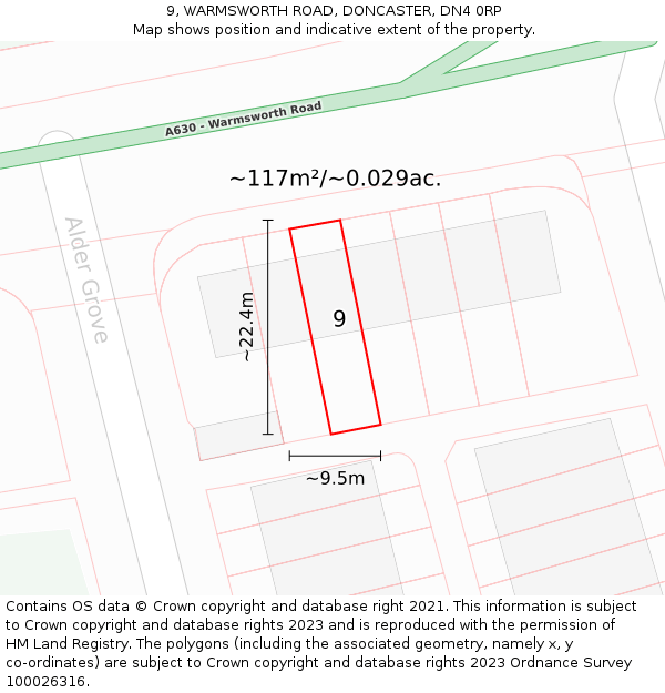 9, WARMSWORTH ROAD, DONCASTER, DN4 0RP: Plot and title map