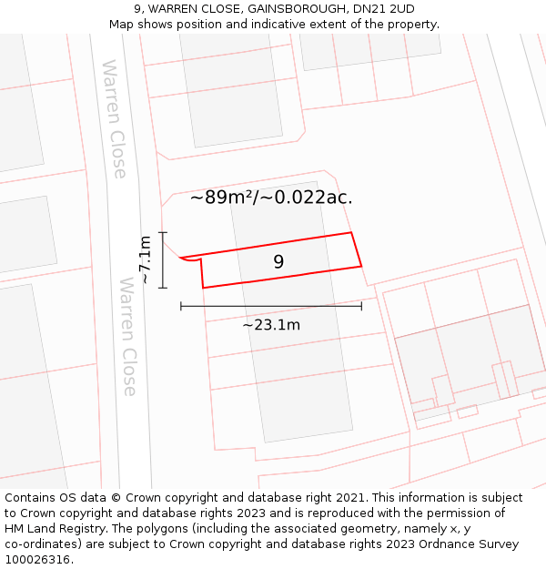 9, WARREN CLOSE, GAINSBOROUGH, DN21 2UD: Plot and title map