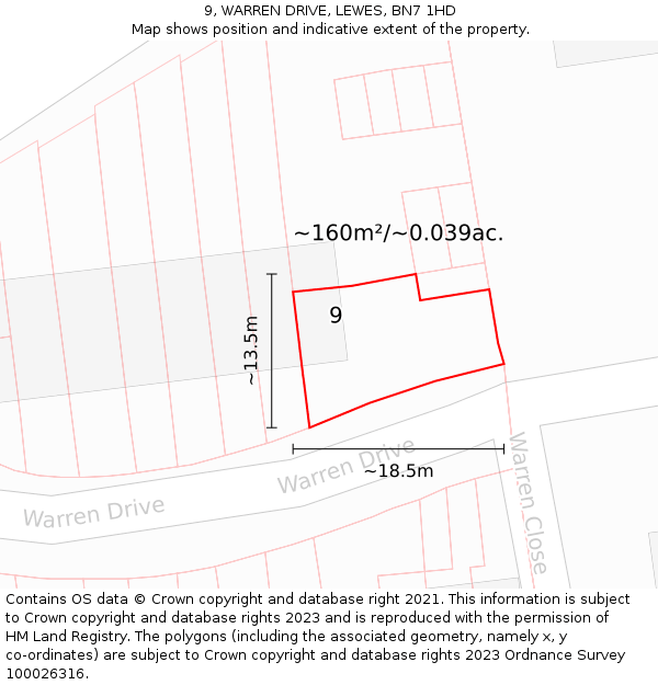 9, WARREN DRIVE, LEWES, BN7 1HD: Plot and title map