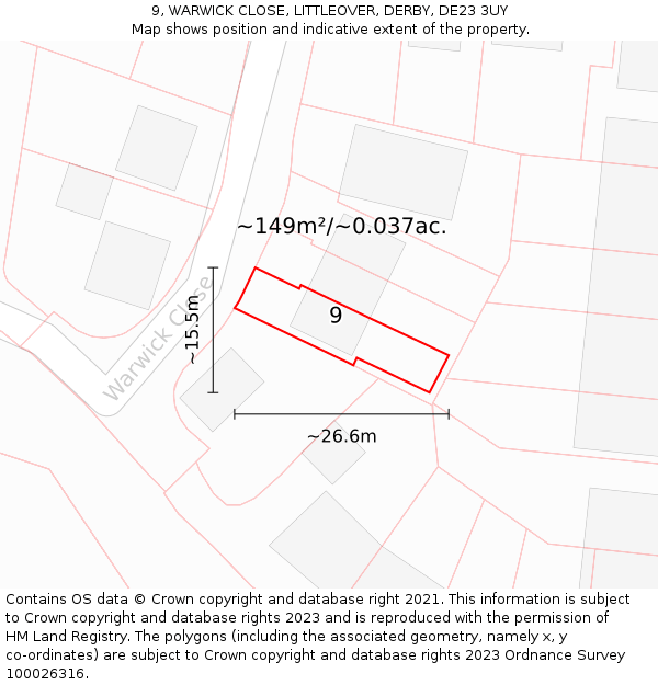 9, WARWICK CLOSE, LITTLEOVER, DERBY, DE23 3UY: Plot and title map