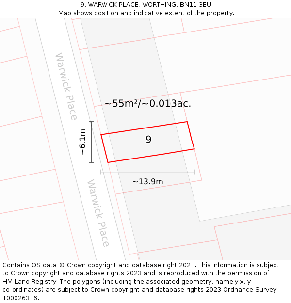 9, WARWICK PLACE, WORTHING, BN11 3EU: Plot and title map