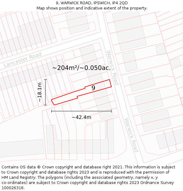 9, WARWICK ROAD, IPSWICH, IP4 2QD: Plot and title map