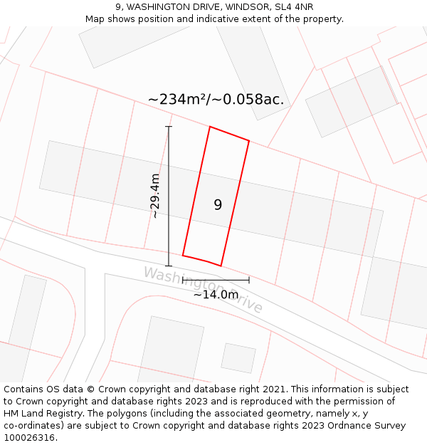 9, WASHINGTON DRIVE, WINDSOR, SL4 4NR: Plot and title map