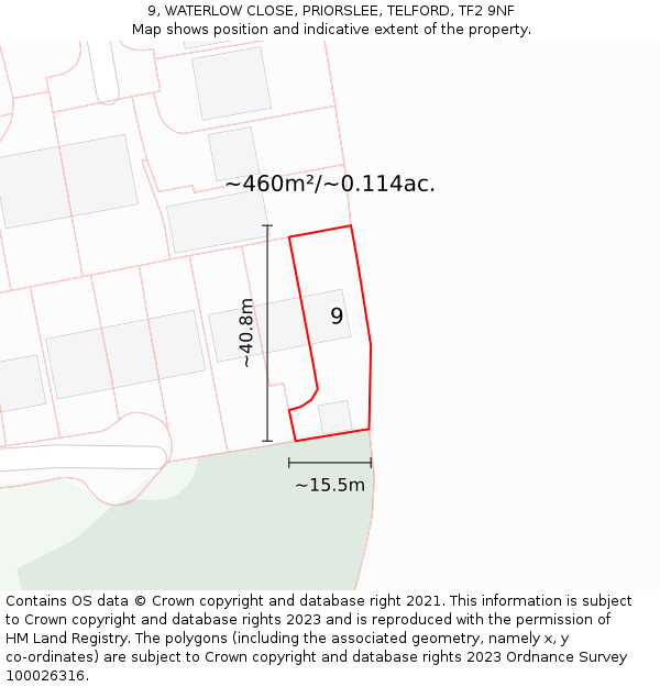 9, WATERLOW CLOSE, PRIORSLEE, TELFORD, TF2 9NF: Plot and title map