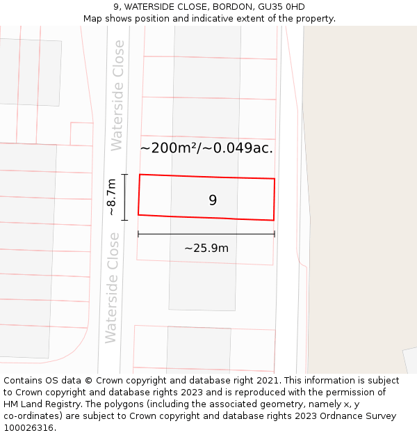 9, WATERSIDE CLOSE, BORDON, GU35 0HD: Plot and title map