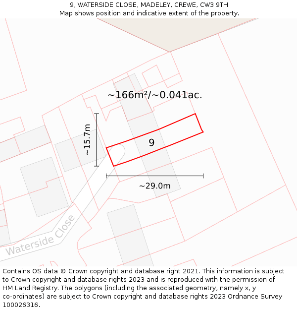 9, WATERSIDE CLOSE, MADELEY, CREWE, CW3 9TH: Plot and title map