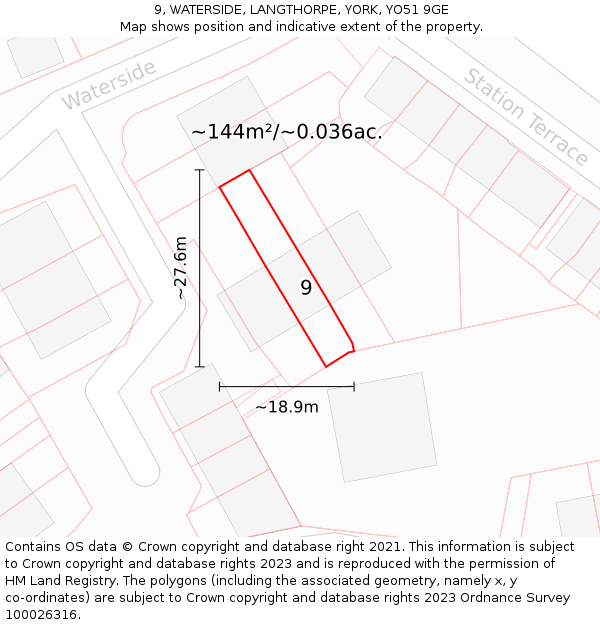 9, WATERSIDE, LANGTHORPE, YORK, YO51 9GE: Plot and title map