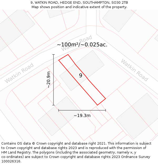 9, WATKIN ROAD, HEDGE END, SOUTHAMPTON, SO30 2TB: Plot and title map