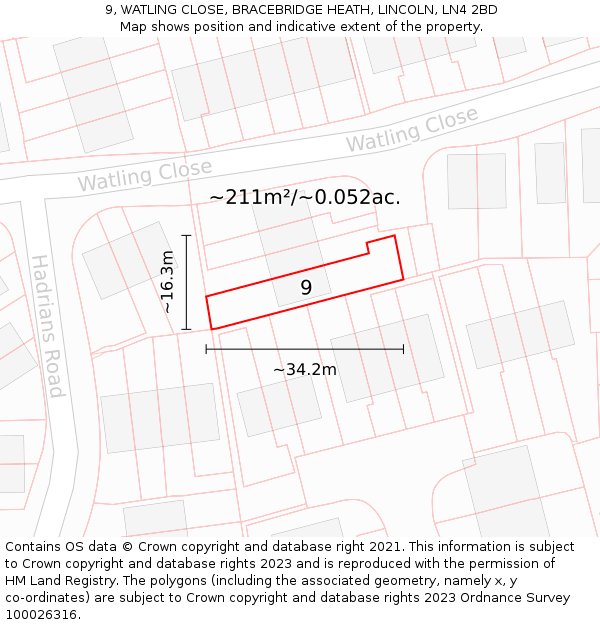 9, WATLING CLOSE, BRACEBRIDGE HEATH, LINCOLN, LN4 2BD: Plot and title map