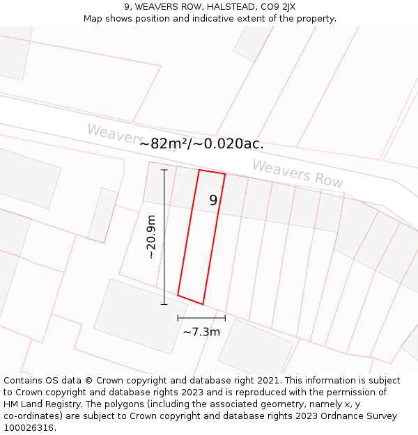 9, WEAVERS ROW, HALSTEAD, CO9 2JX: Plot and title map