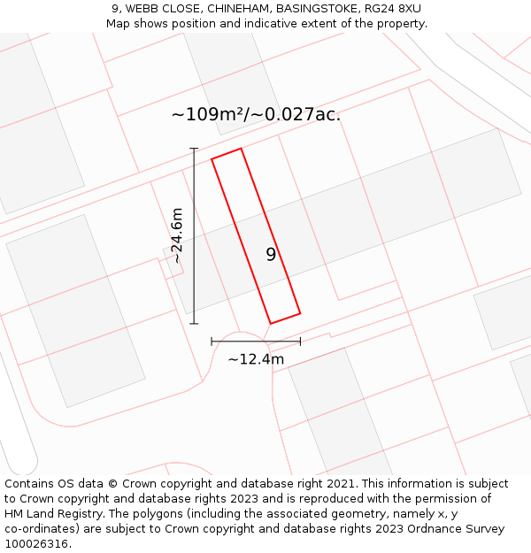 9, WEBB CLOSE, CHINEHAM, BASINGSTOKE, RG24 8XU: Plot and title map