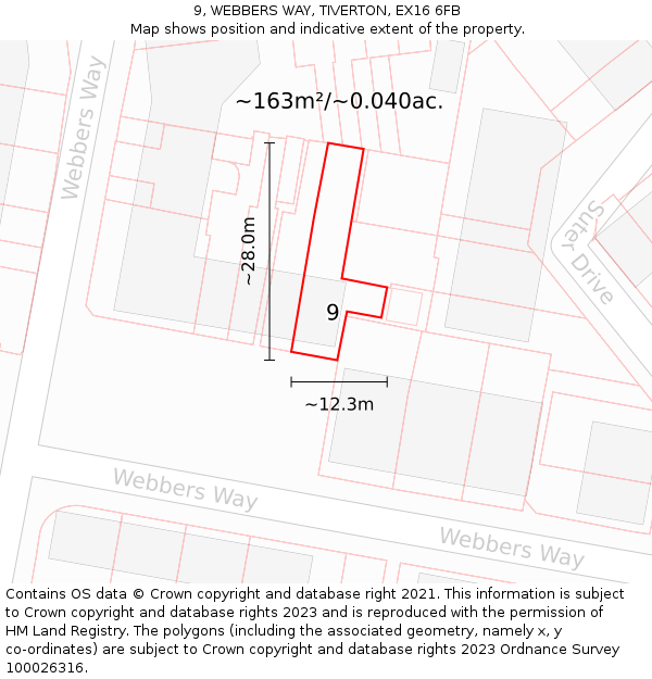 9, WEBBERS WAY, TIVERTON, EX16 6FB: Plot and title map