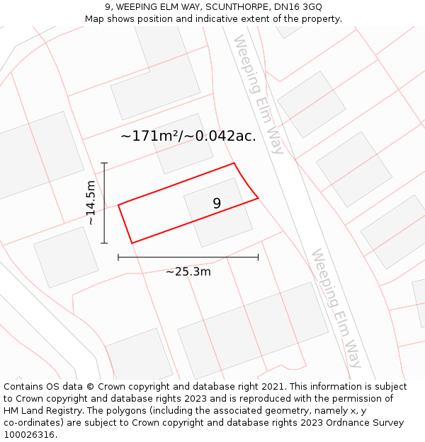9, WEEPING ELM WAY, SCUNTHORPE, DN16 3GQ: Plot and title map