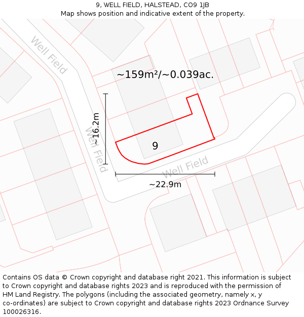 9, WELL FIELD, HALSTEAD, CO9 1JB: Plot and title map