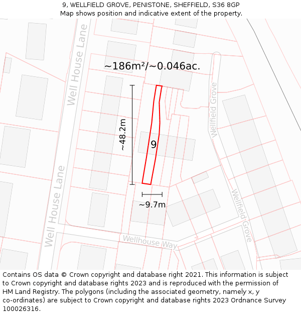 9, WELLFIELD GROVE, PENISTONE, SHEFFIELD, S36 8GP: Plot and title map
