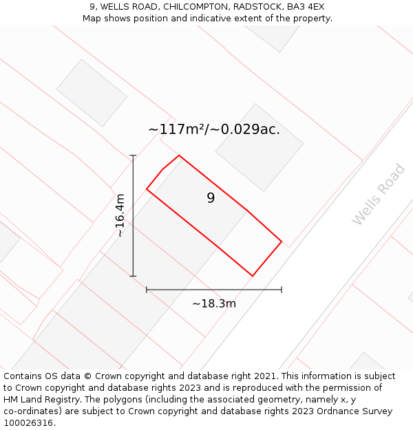 9, WELLS ROAD, CHILCOMPTON, RADSTOCK, BA3 4EX: Plot and title map