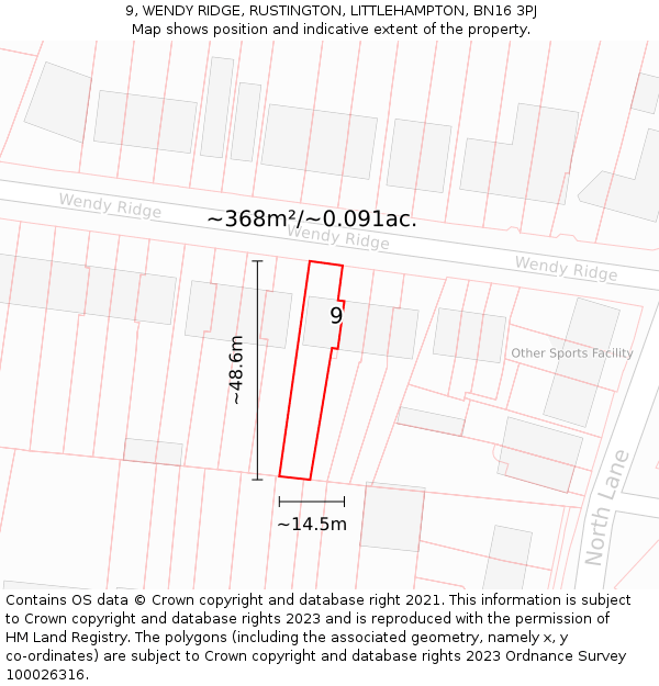 9, WENDY RIDGE, RUSTINGTON, LITTLEHAMPTON, BN16 3PJ: Plot and title map