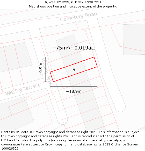 9, WESLEY ROW, PUDSEY, LS28 7DU: Plot and title map