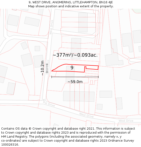 9, WEST DRIVE, ANGMERING, LITTLEHAMPTON, BN16 4JE: Plot and title map