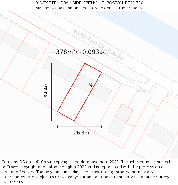 9, WEST FEN DRAINSIDE, FRITHVILLE, BOSTON, PE22 7EX: Plot and title map