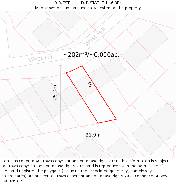 9, WEST HILL, DUNSTABLE, LU6 3PN: Plot and title map