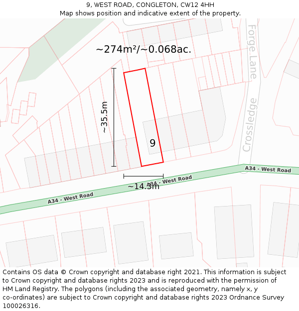 9, WEST ROAD, CONGLETON, CW12 4HH: Plot and title map