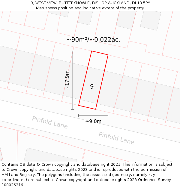 9, WEST VIEW, BUTTERKNOWLE, BISHOP AUCKLAND, DL13 5PY: Plot and title map