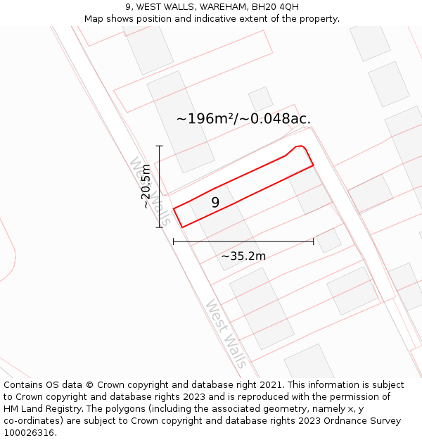 9, WEST WALLS, WAREHAM, BH20 4QH: Plot and title map