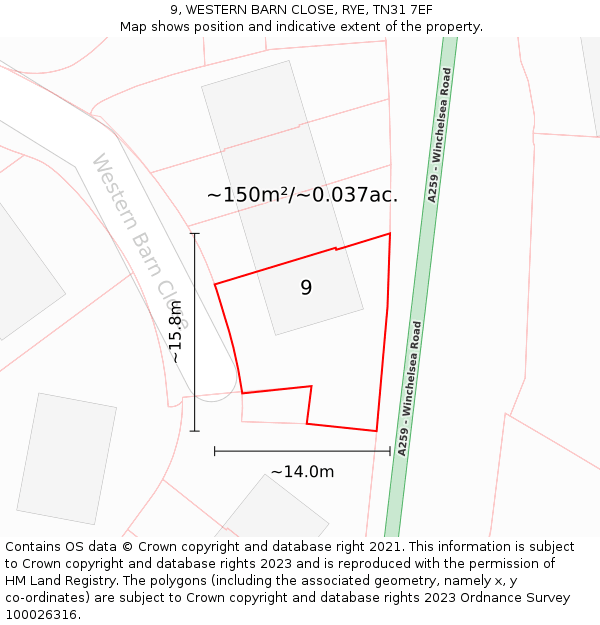 9, WESTERN BARN CLOSE, RYE, TN31 7EF: Plot and title map