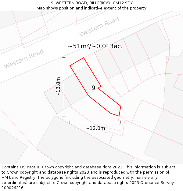 9, WESTERN ROAD, BILLERICAY, CM12 9DY: Plot and title map