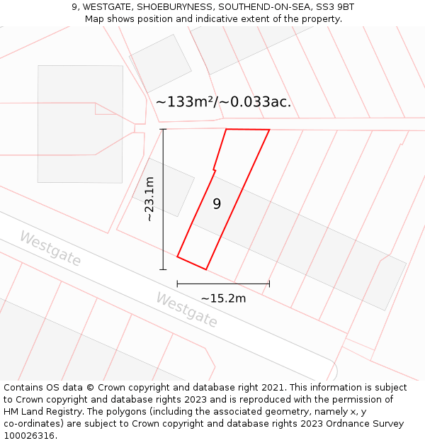 9, WESTGATE, SHOEBURYNESS, SOUTHEND-ON-SEA, SS3 9BT: Plot and title map