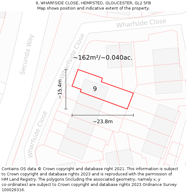 9, WHARFSIDE CLOSE, HEMPSTED, GLOUCESTER, GL2 5FB: Plot and title map