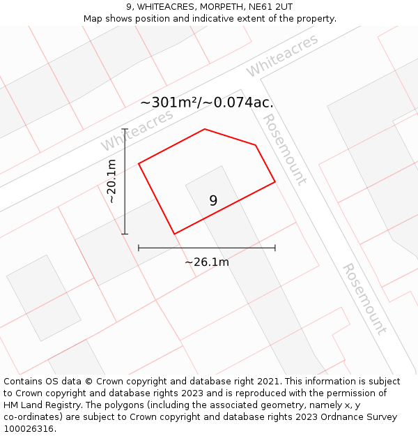 9, WHITEACRES, MORPETH, NE61 2UT: Plot and title map