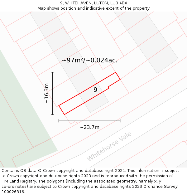 9, WHITEHAVEN, LUTON, LU3 4BX: Plot and title map
